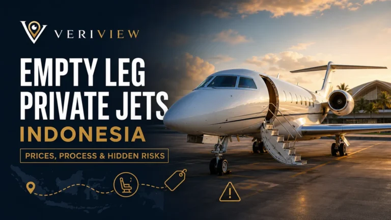 Empty leg jet pribadi di Indonesia: jet bisnis terparkir di apron bandara saat matahari terbenam