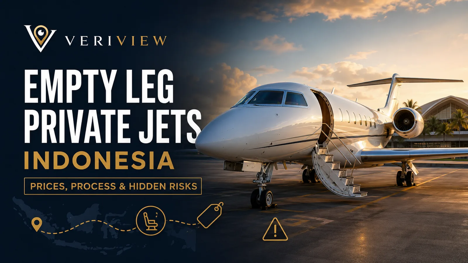 Empty leg jet pribadi di Indonesia: jet bisnis terparkir di apron bandara saat matahari terbenam