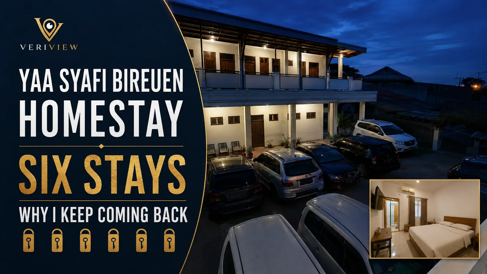 Homestay Yaa Syafi Bireuen saat senja: bangunan dua lantai dengan halaman parkir penuh mobil dan inset kamar tidur ber-AC