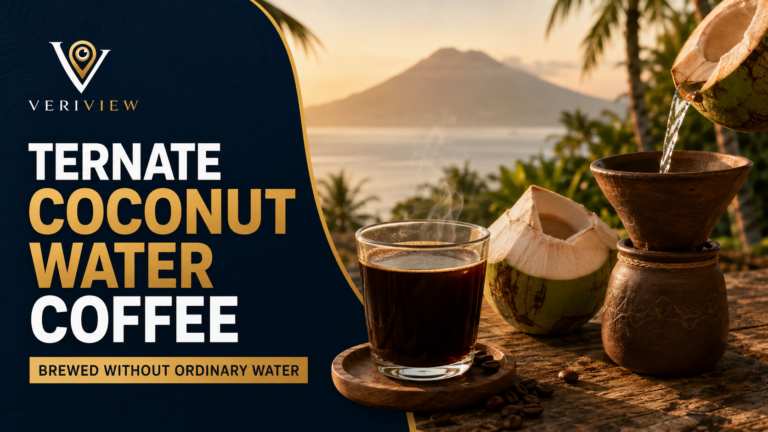 Segelas kopi hitam panas di samping kelapa muda yang airnya dituang ke dalam penyeduh kopi, dengan latar Gunung Gamalama dan laut Ternate saat matahari terbit