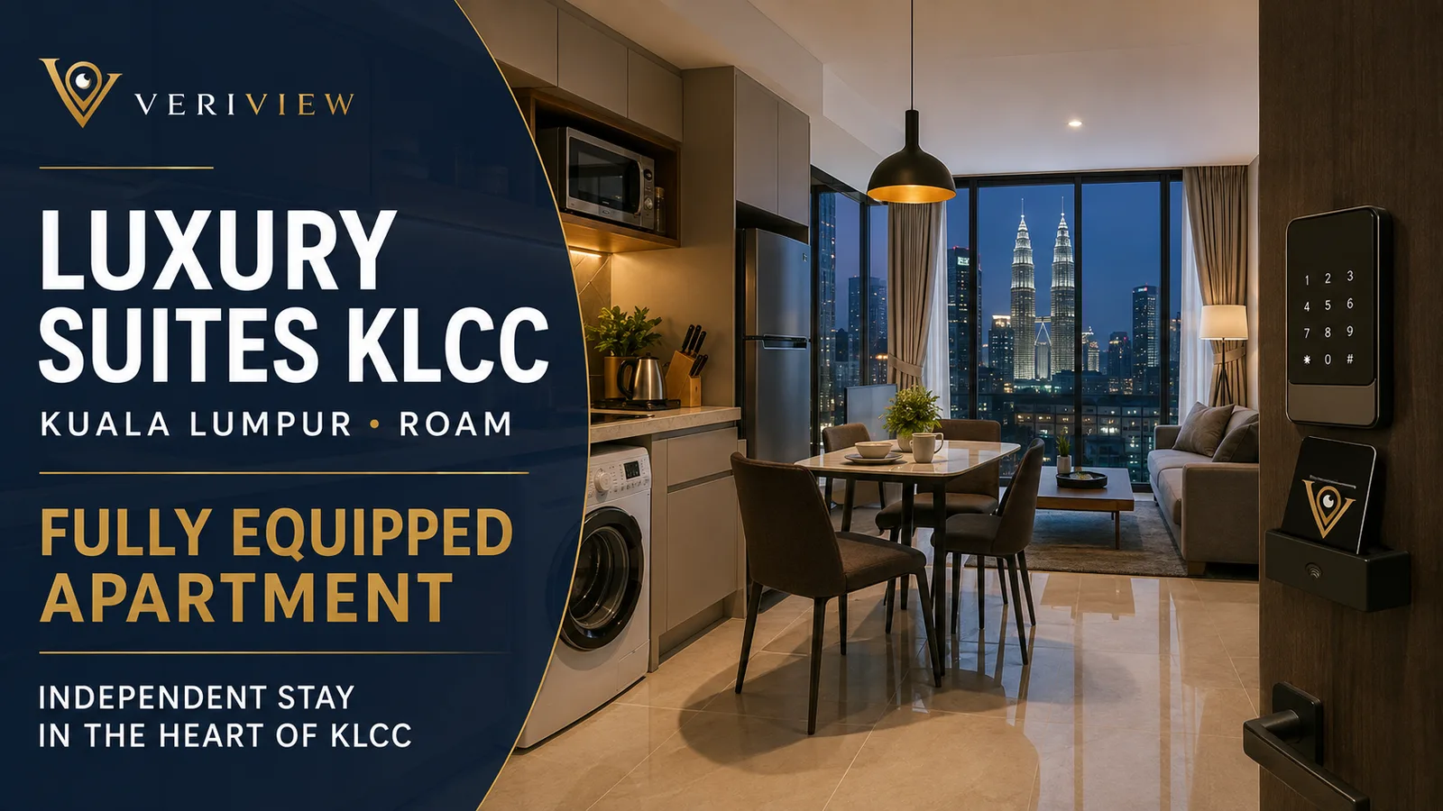 Apartemen Luxury Suites KLCC Kuala Lumpur (Roam): dapur lengkap, mesin cuci, meja makan, dan pemandangan Menara Petronas