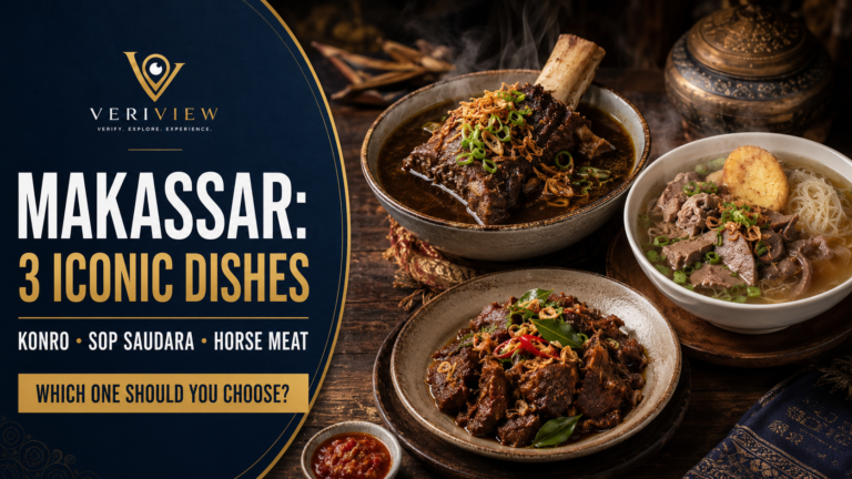 Tiga mangkuk hidangan Makassar: sop konro bertulang, sop saudara dengan bihun dan perkedel, serta olahan daging berbumbu di atas meja kayu