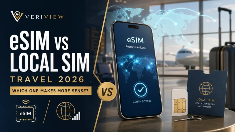 Perbandingan eSIM dan SIM lokal untuk traveling 2026: ponsel dengan eSIM aktif di terminal bandara dan kartu SIM fisik