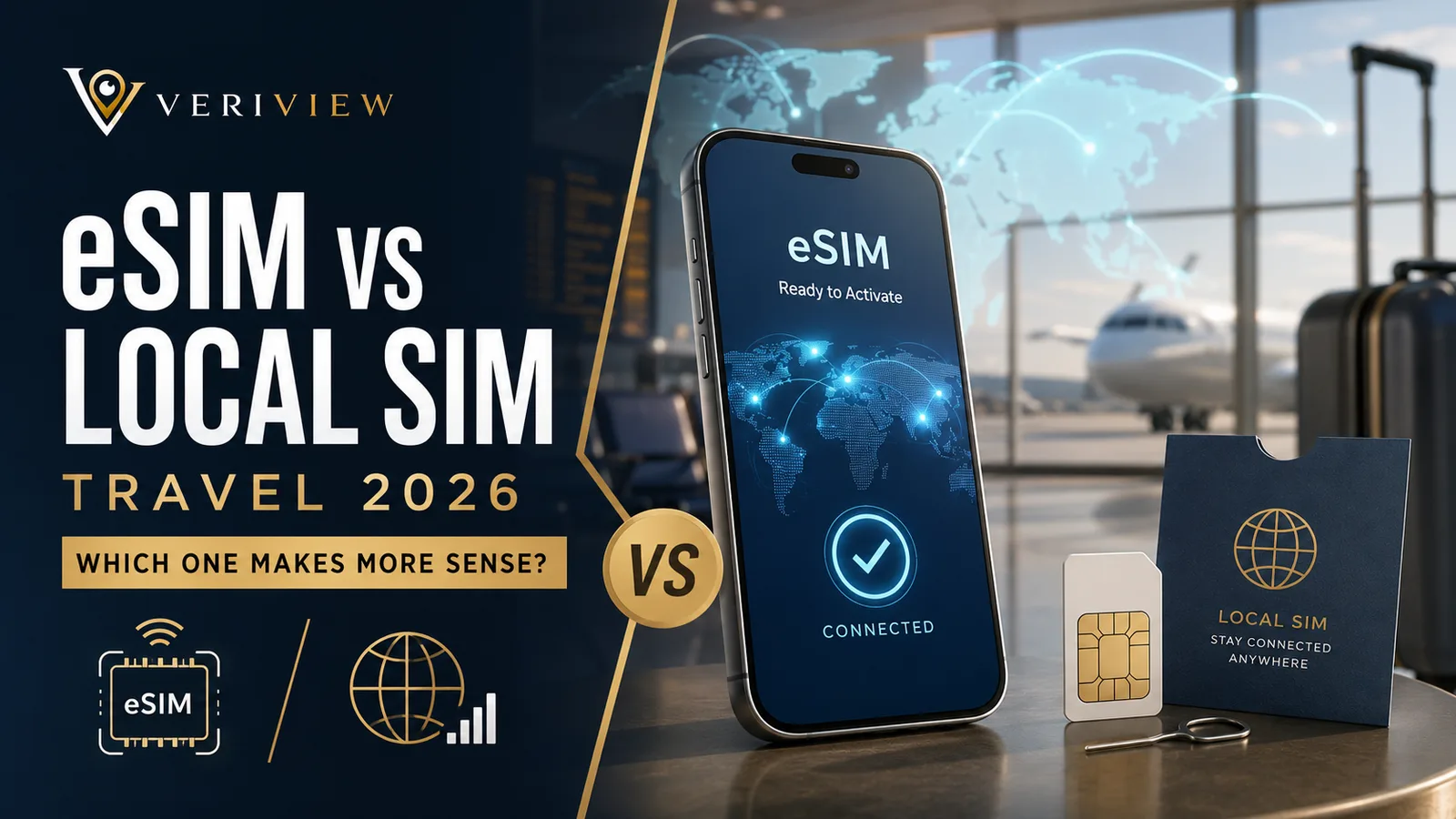 Perbandingan eSIM dan SIM lokal untuk traveling 2026: ponsel dengan eSIM aktif di terminal bandara dan kartu SIM fisik