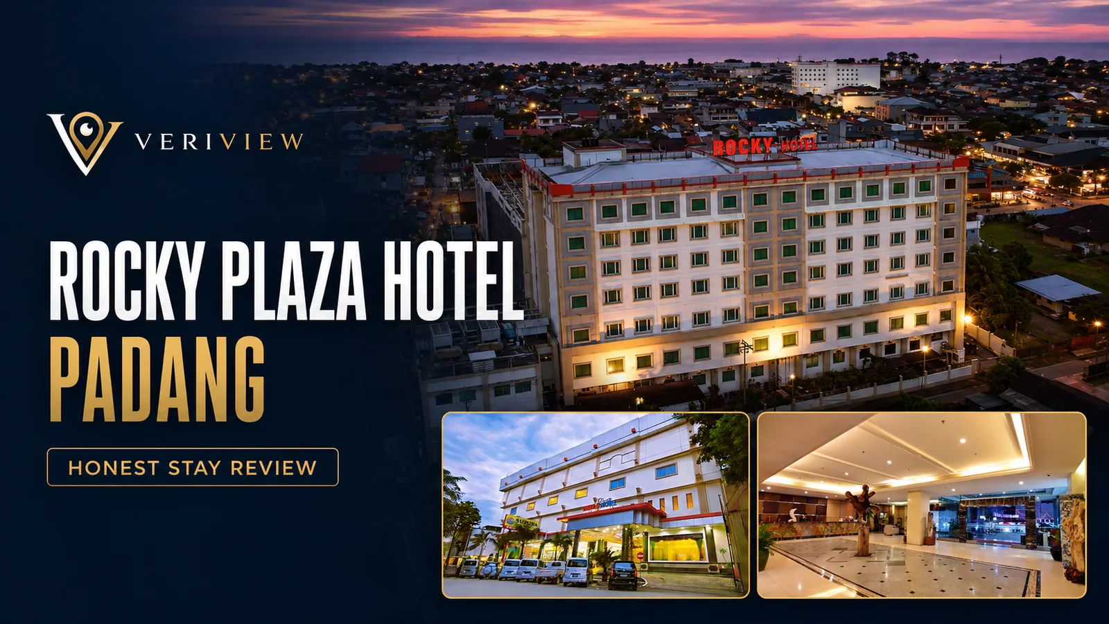 Rocky Plaza Hotel Padang di Jalan Permindo, pusat Kota Padang, difoto dari udara saat senja bersama tampak depan dan area lobi hotel.