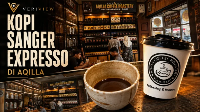Sanger Espresso Premium di Aqilla Coffee Roastery Ulee Kareng Banda Aceh dalam cangkir keramik dan gelas bawa pulang
