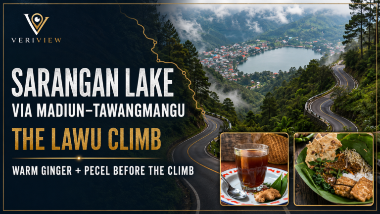 Jalan berkelok di lereng Gunung Lawu menuju Telaga Sarangan, dengan sisipan foto wedang jahe hangat dan sepiring pecel