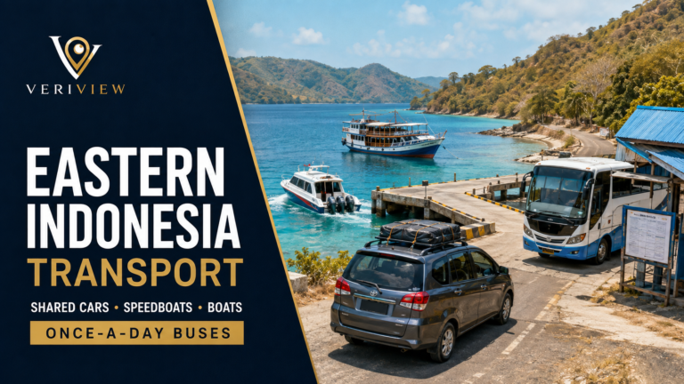 Mobil rental berbagi bermuatan di atap, bus kecil, kapal kayu, dan speedboat di dermaga pesisir Indonesia timur